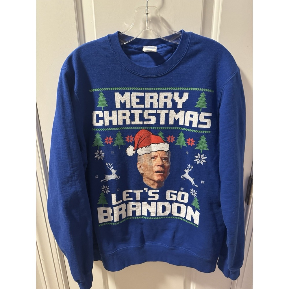 Joe Biden‎ Confused Christmas Sweater Sz Med Adult Blue MAGA Let's Go Brandon